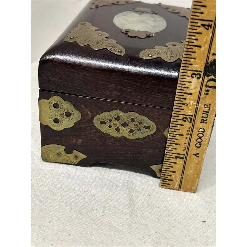 Vintage Jewelry Box Asian Oriental Chinese Ornate Brass Wood Jade Like Carving